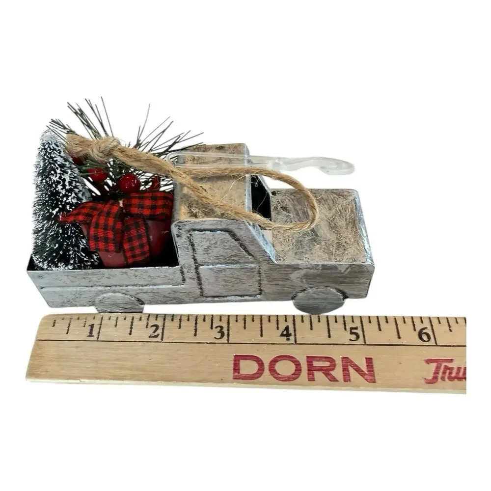 5- Rustic Christmas Ornaments 2 Metal Trucks 2‎ Red Plaid 1 Holly Pick Holiday